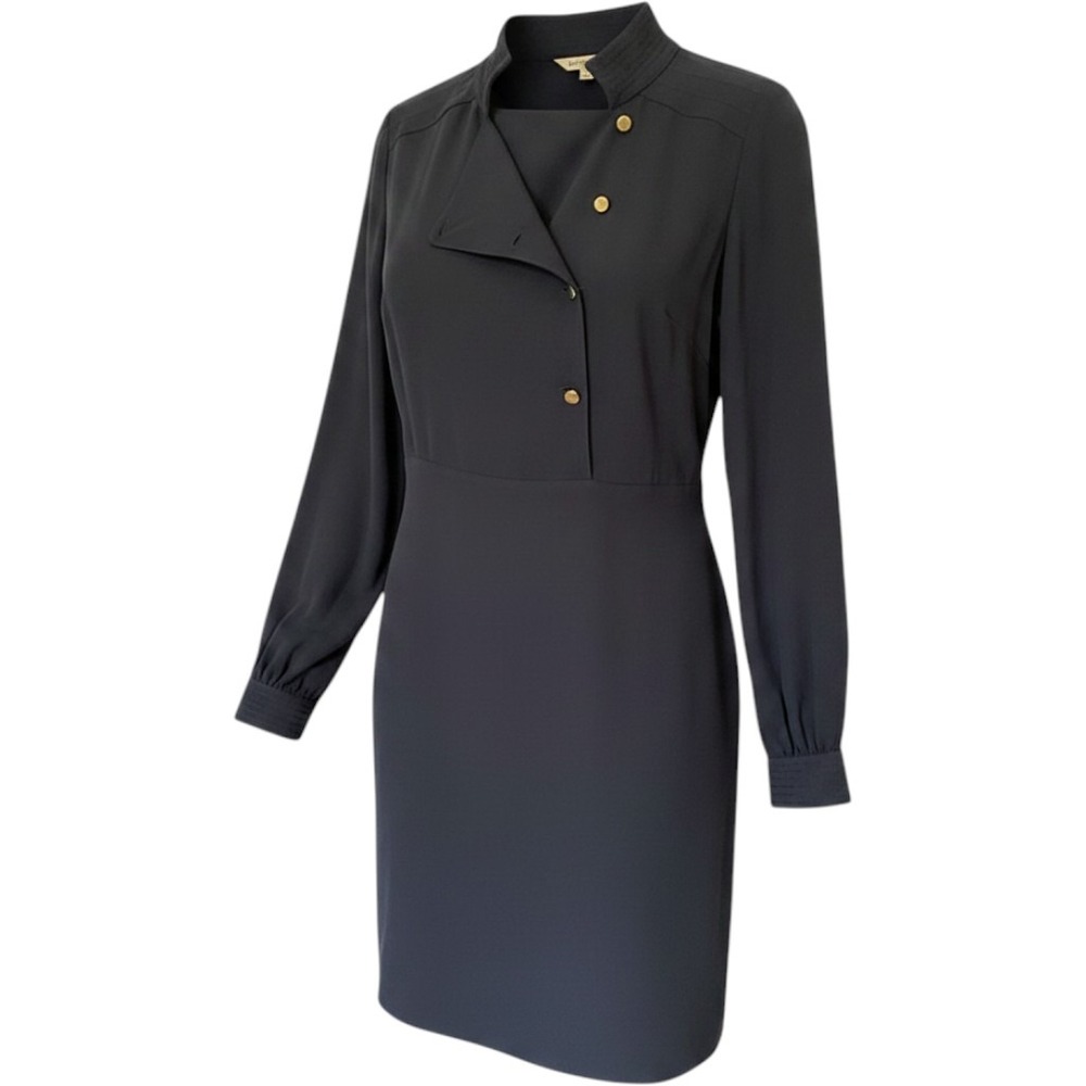 Tory Burch 100% Silk Navy Shift Dress 6 Asymmetric Button Placket Mock Neck Midi